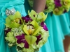 Teal, purple, and green bridesmaid's flowers