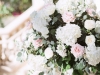 Floral arrangement on column with hydrangeas and blush roses