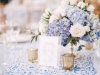 Gold Footed Bowl Centerpiece with Blue and White Hydrangea Roses