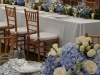 Head Feasting Table with Round Hi Low Centerpieces in Blue and White