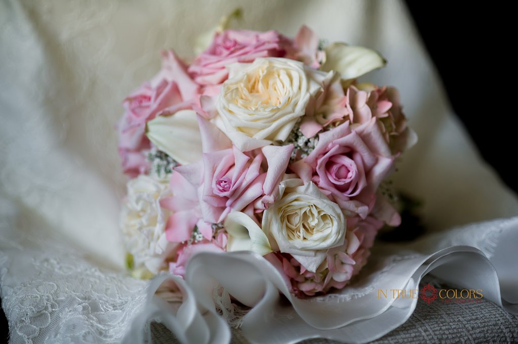 Bridal bouquet of garden roses Pink Sophie roses hydrangea and mini calla