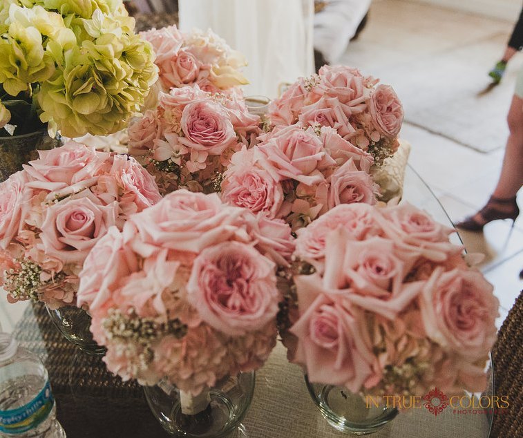 Bridesmaid pink flower bouquet with hydrangea and roses