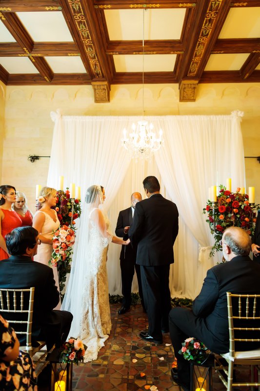 Ceremony with Lanterns on Aisle Plus Candelabras with Flowers and Draping
