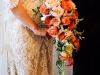Cascading Bridal Bouquet of Mini Calla Lilies, Coral Roses, Shimmer Garden Roses, and Orchids
