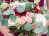 Garden Like Bridesmaids Bouquets featuring Burgundy Dahlias, Silver Dollar Seeded Eucalyptus, Blush Spray and Cream Roses, Lizianthus