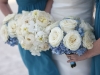 white bridal bouquet and blue and white bridesmaid bouquet