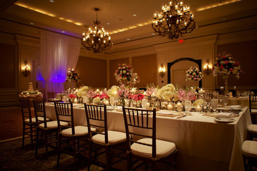 Ritz Carlton Ballroom with Feasting Tables and Elevated Arrangments