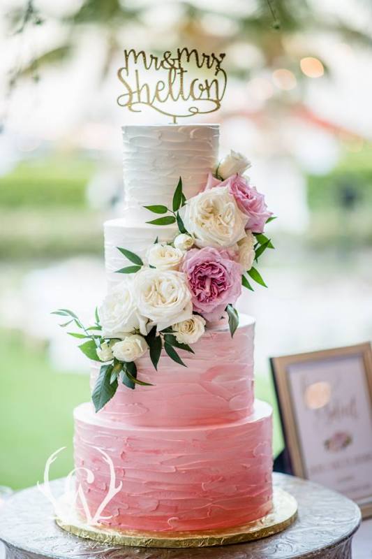 Pink Ombre Wedding Cake with Fresh Flowers