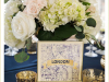 Close-up of Guest Table Centerpiece in Gold-footed Bowl of Hydrangeas, Roses, and Greens