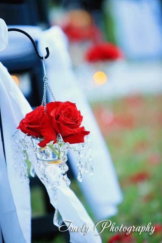 Red roses in holders on aisle