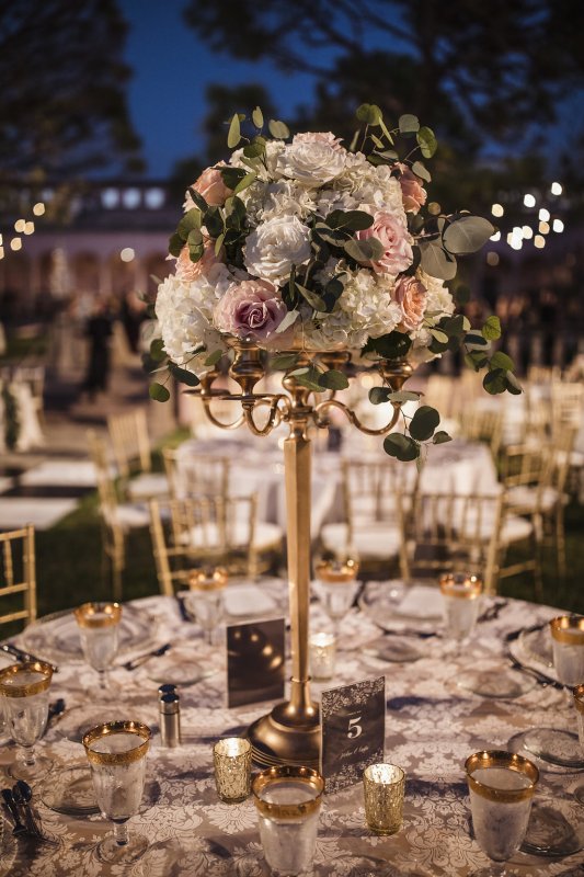 Gold Candelabra with Blush and Cream Roses Guest Table Centerpiece
